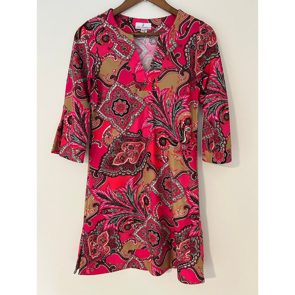 Jude Connally Megan 3/4 Sleeve Tunic Dress in Monaco Paisley Berry XS Pink Tan